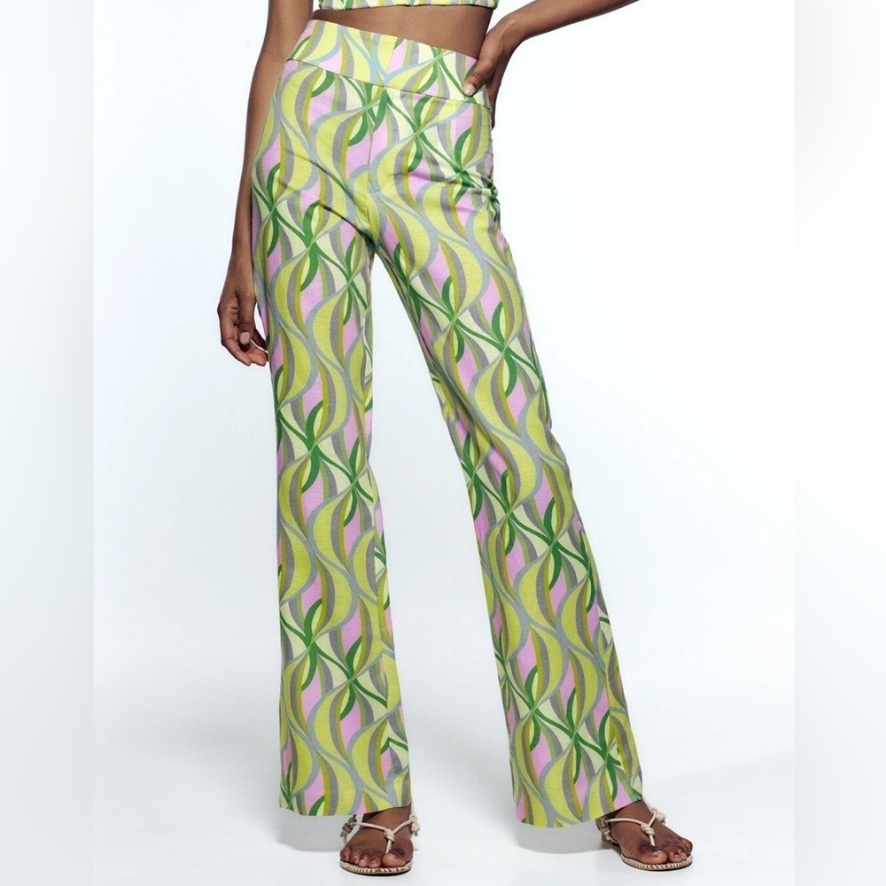 NWOT Zara Printed Linen Blend Flared Trousers, Multicolor Geometric Print, Sz S